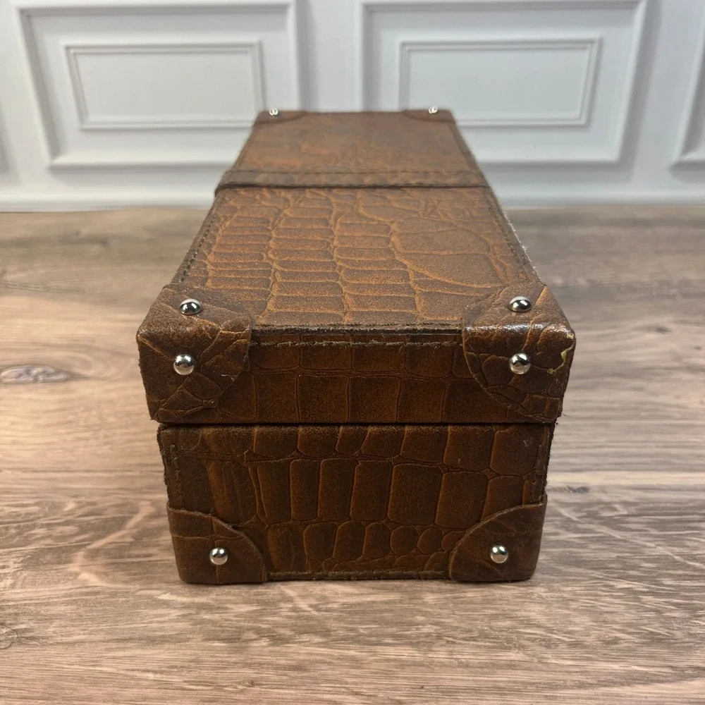 Watch Box Brown Faux Croc Embossed 4-Slot Travel Accessory Case Organizer